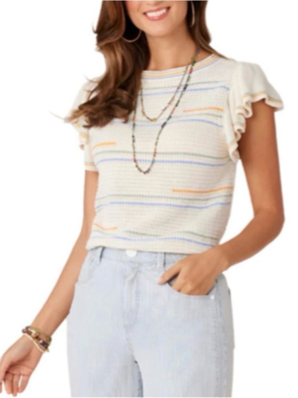 Democracy Cream Short Sleeve Knit Top with Multicolor Stripes